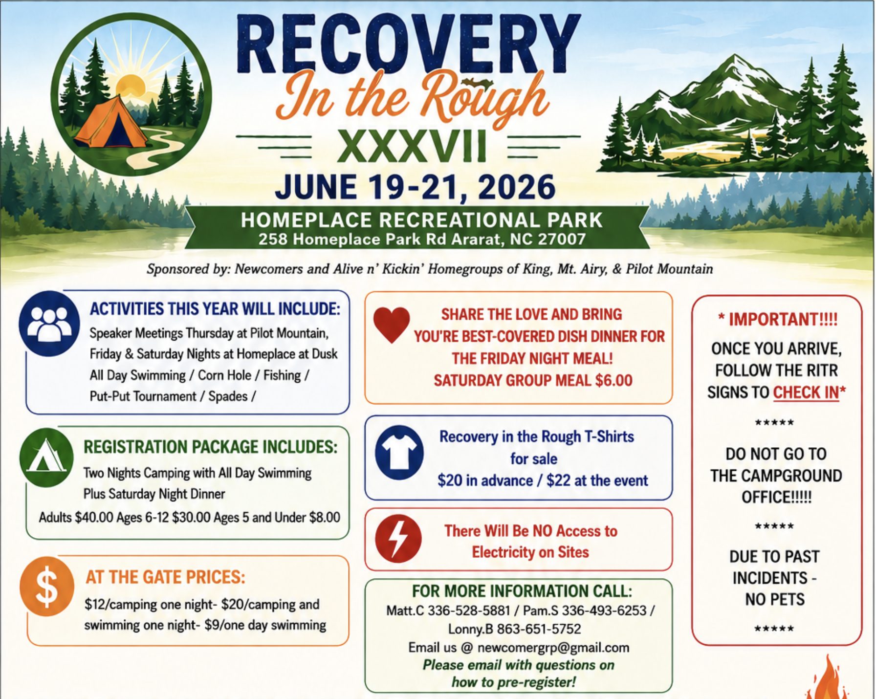 Recovery In the Rough XXVII Dates: June 19–21, 2026 Location: Homeplace Recreational Park 258 Homeplace Park Rd Ararat, NC 27007
